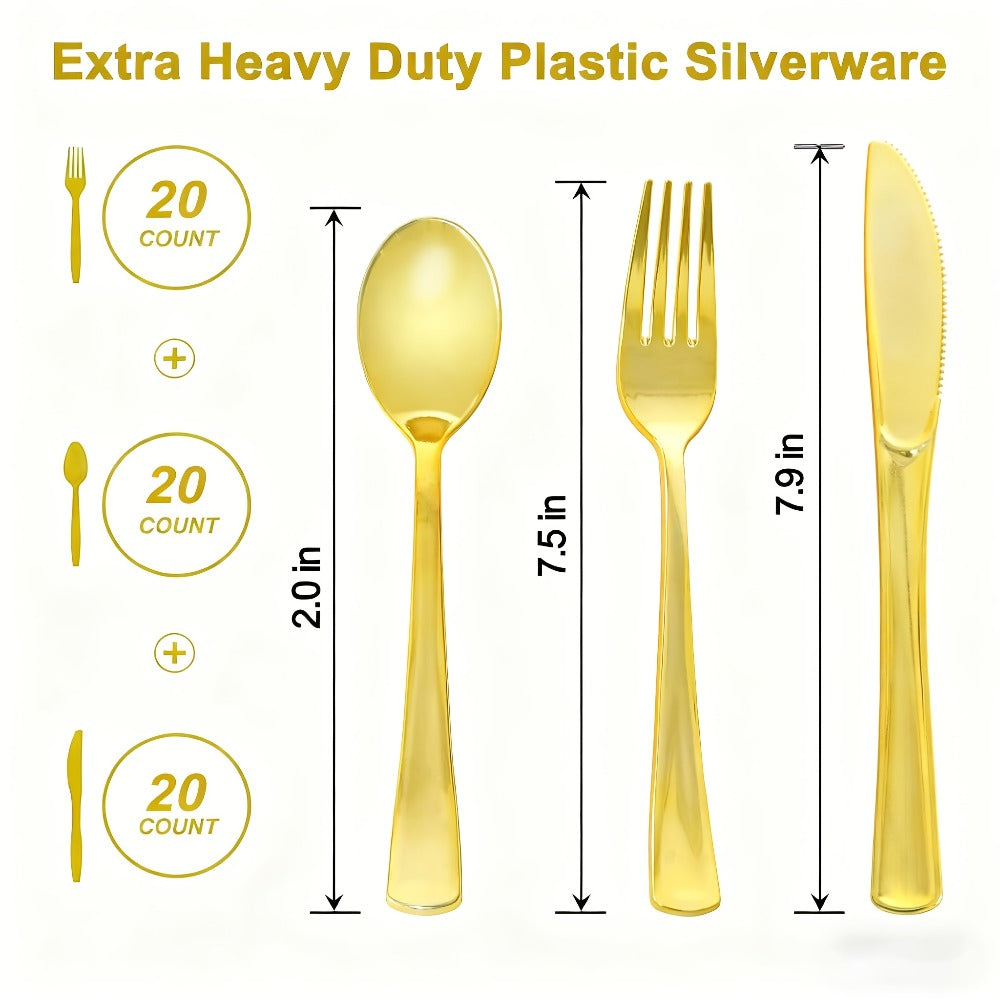 Disposable Plastic Cutlery Set 60pcs Gold & Silver | Party Silverware with 20 Forks 20 Spoons 20 Knives BPA-Free Food Grade for Wedding Birthday Holiday Dinner Elegant Metallic Finish