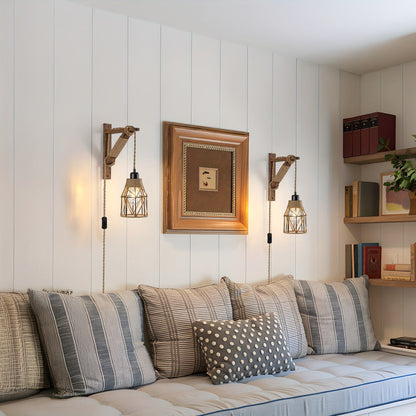 Plug-In Cage Wall Sconce with Wooden Bracket, 250 cm Cord and Single or Two-Piece Farmhouse Options