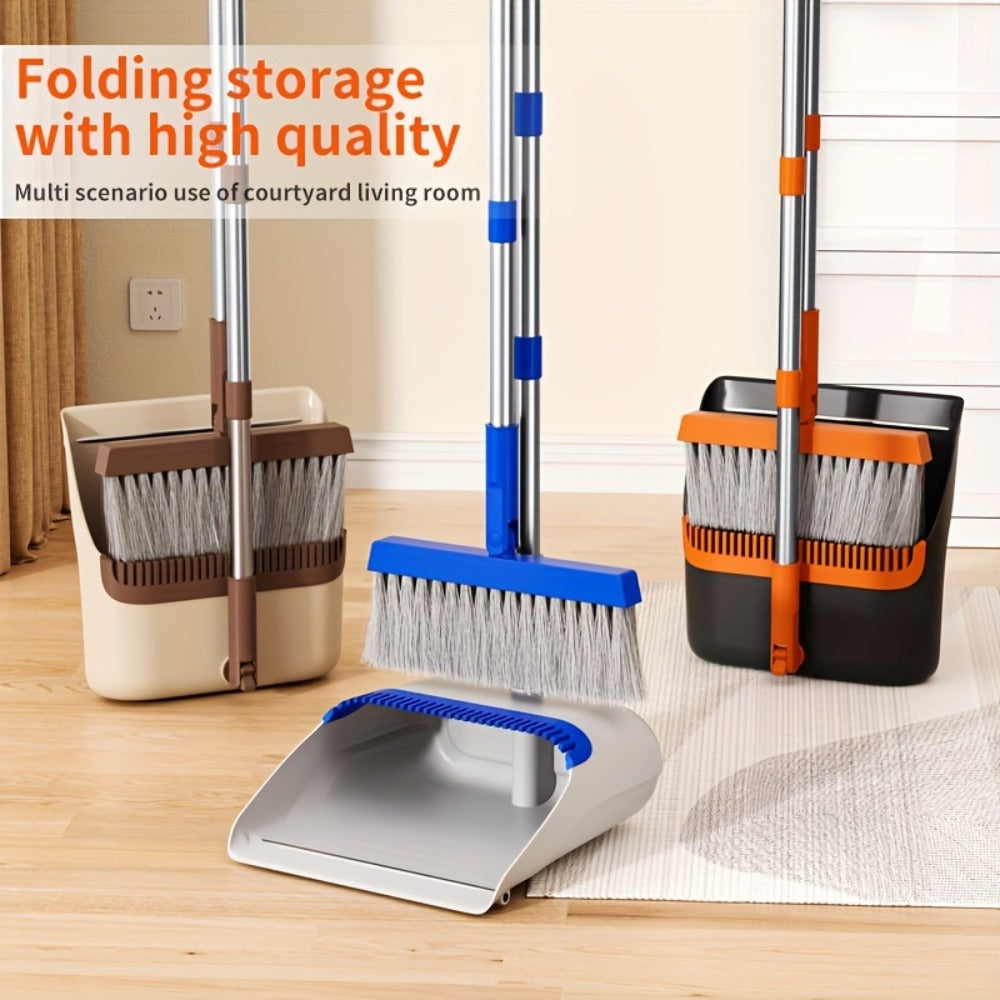 Folding Broom and Dustpan Set 50 Inch Extended Handle - Dense Elastic Bristles Wide Deep Dustpan for Dust Hair Debris, Foldable Broom for Home Kitchen Bathroom Bedroom Living Room, Blue White Black Orange Khaki
