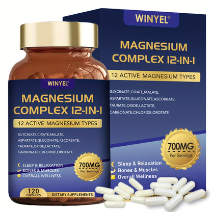 Magnesium Complex 700mg 12-in-1 120 Capsules with Glycinate, Citrate, Malate & Taurine for Sleep, Mood, Nerve, Heart & Muscle Function Support for Men & Women