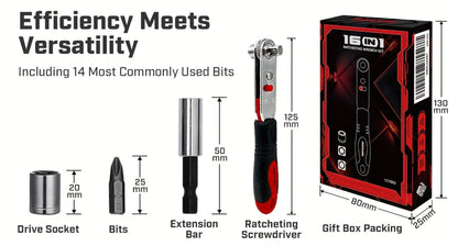 Right-Angle Ratcheting Screwdriver Set with 10- or 16-Piece Bit and Socket Configurations for Tight Access
