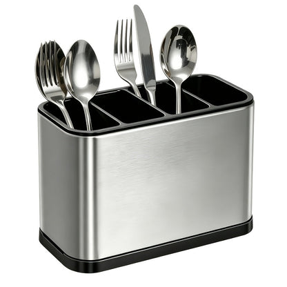 Utensil Holder Stainless Steel Cutlery Organizer 4-Compartment Countertop Caddy Anti-Slip Drain Holes for Kitchen Forks Knives Spoons Chopsticks