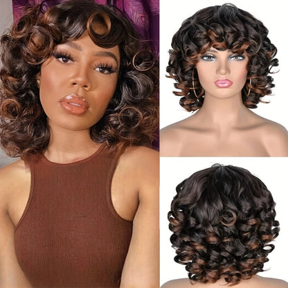 Kinky Curly Afro Wig with Bangs 14 Inch Synthetic Ombre 2 Tone Black Brown Golden Natural Volume | Daily Wear Hair Replacement Wig for Black Women