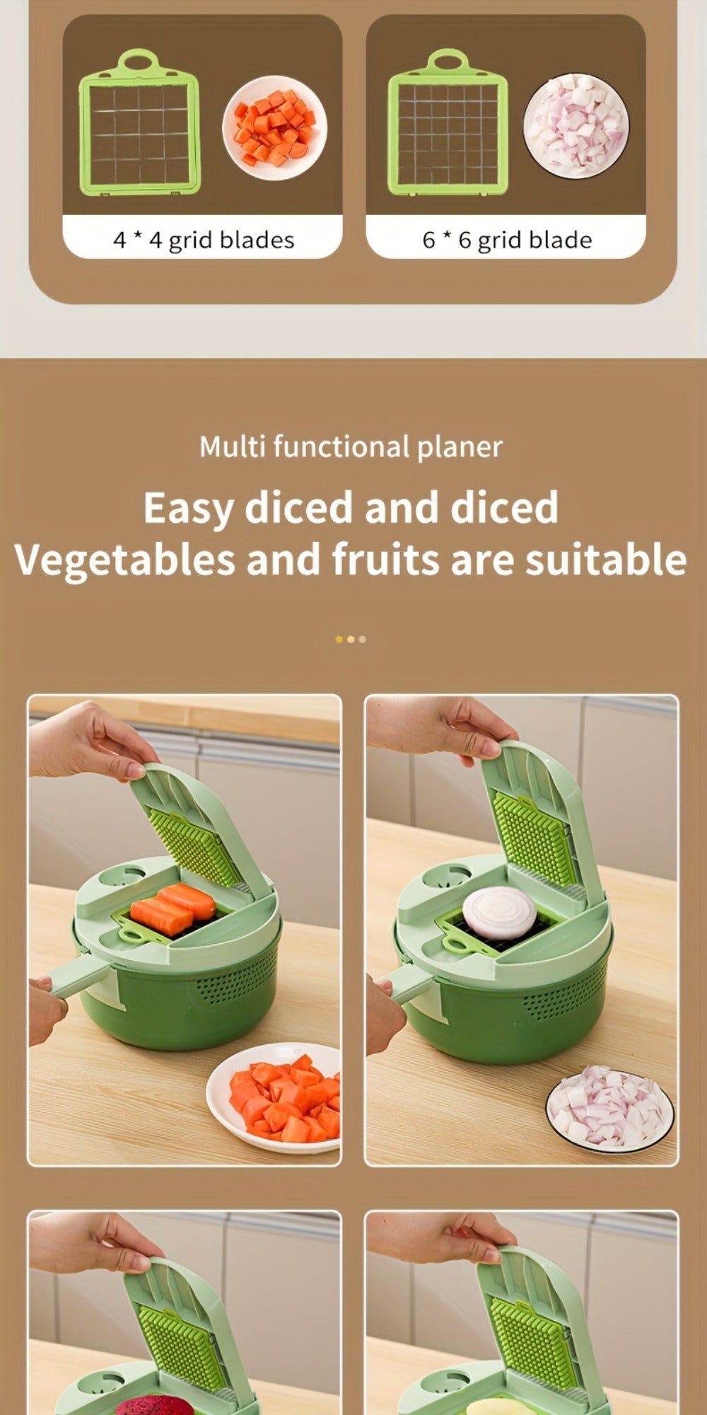 16-in-1 Green Vegetable Chopper with Round Container, Grid Dicing Plates, Slicer, Grater and Peeler Pieces
