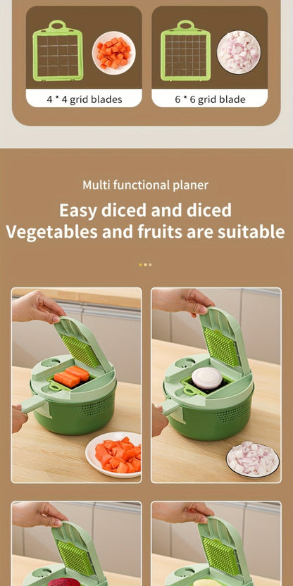 16-in-1 Green Vegetable Chopper with Round Container, Grid Dicing Plates, Slicer, Grater and Peeler Pieces