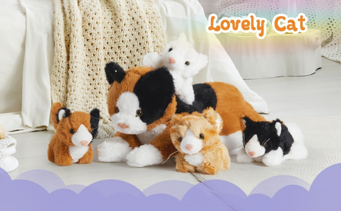 Stuffed Animal Mommy Cat Set with Four Baby Kittens, Five-Piece Family Design and Soft Fabric