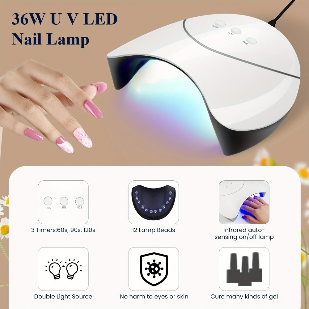 36-Piece Gel Nail Polish Kit with 36W UV LED Lamp, Three Checkout Sets and Pink-to-Blue Color Range