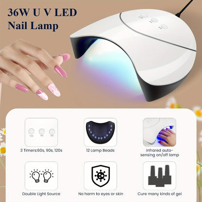 36-Piece Gel Nail Polish Kit with 36W UV LED Lamp, Three Checkout Sets and Pink-to-Blue Color Range