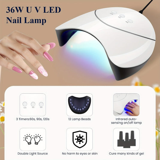 Gel Nail Polish Kit 36 Pieces with 36W UV LED Nail Lamp — Pink Red Purple Black Brown Blue Gel Polish Colors & Complete Manicure Tools Set for Home Salon Nail Art Women
