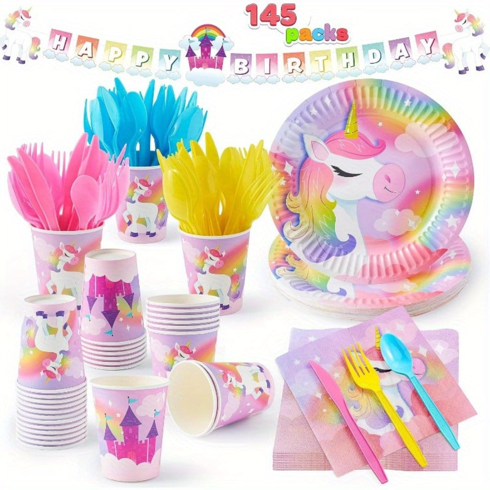 Unicorn Tableware Party Supplies Set with 145 Pieces for 24 Settings, Cups, Cutlery and Banner