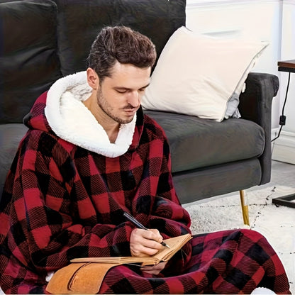 Plaid Fleece Wearable Hooded Blanket – 400gsm Warm Cozy Oversized Hoodie Bedspread, Machine Washable, 4 Colors, 70" Length