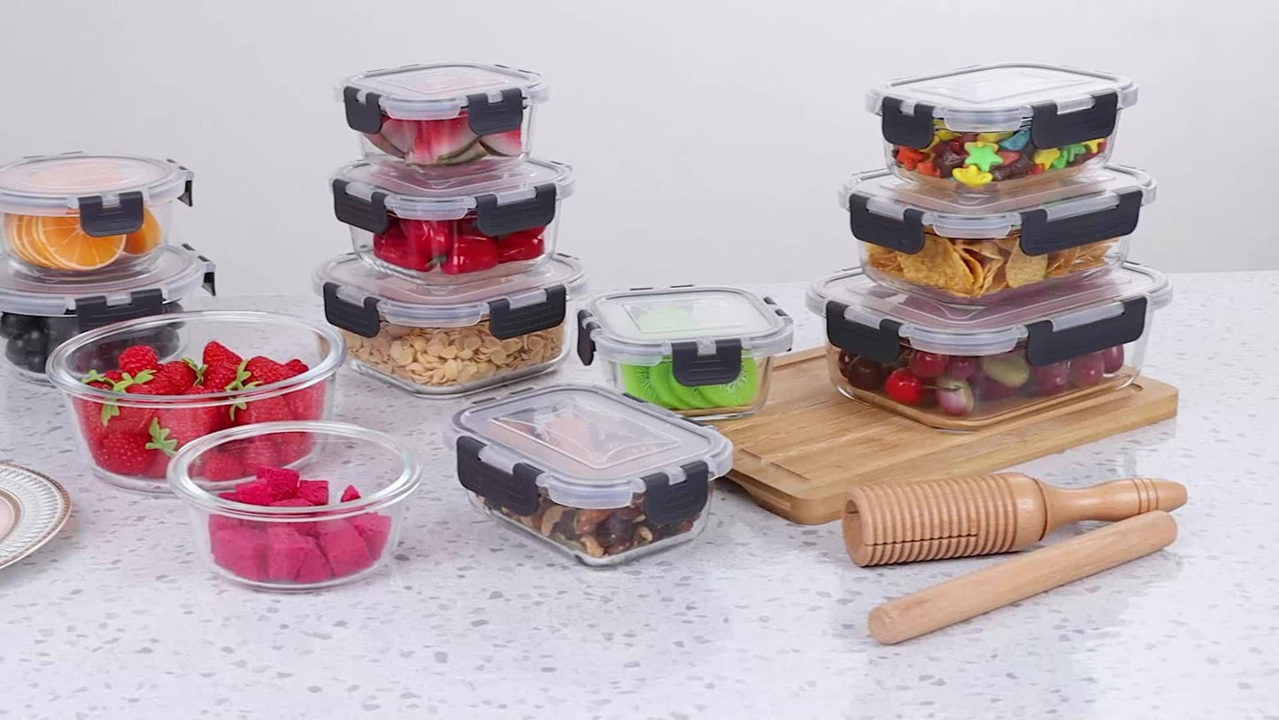 12-Piece Glass Food Container Set with Six Assorted Containers and Black- or Pink-Accent Clip Lids