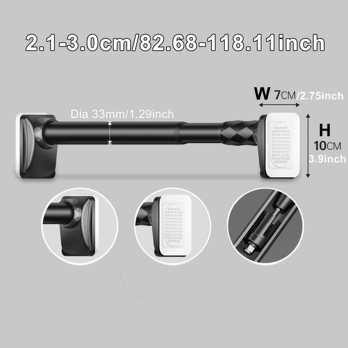 No-Drill Tension Curtain Rod with 33 mm Tube, Black, White or Grey Finish and 15.75–196.85 Inch Ranges