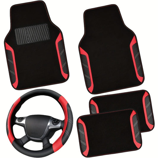 Steering Wheel Cover & Waterproof Car Floor Mats Combo Set – Microfiber Anti-Slip Universal Fit 14.5-15 Inch for 95% Sedan SUV Cars – Sporty Comfortable Design (Black & Blue / Beige / Red / Pink / Gray)