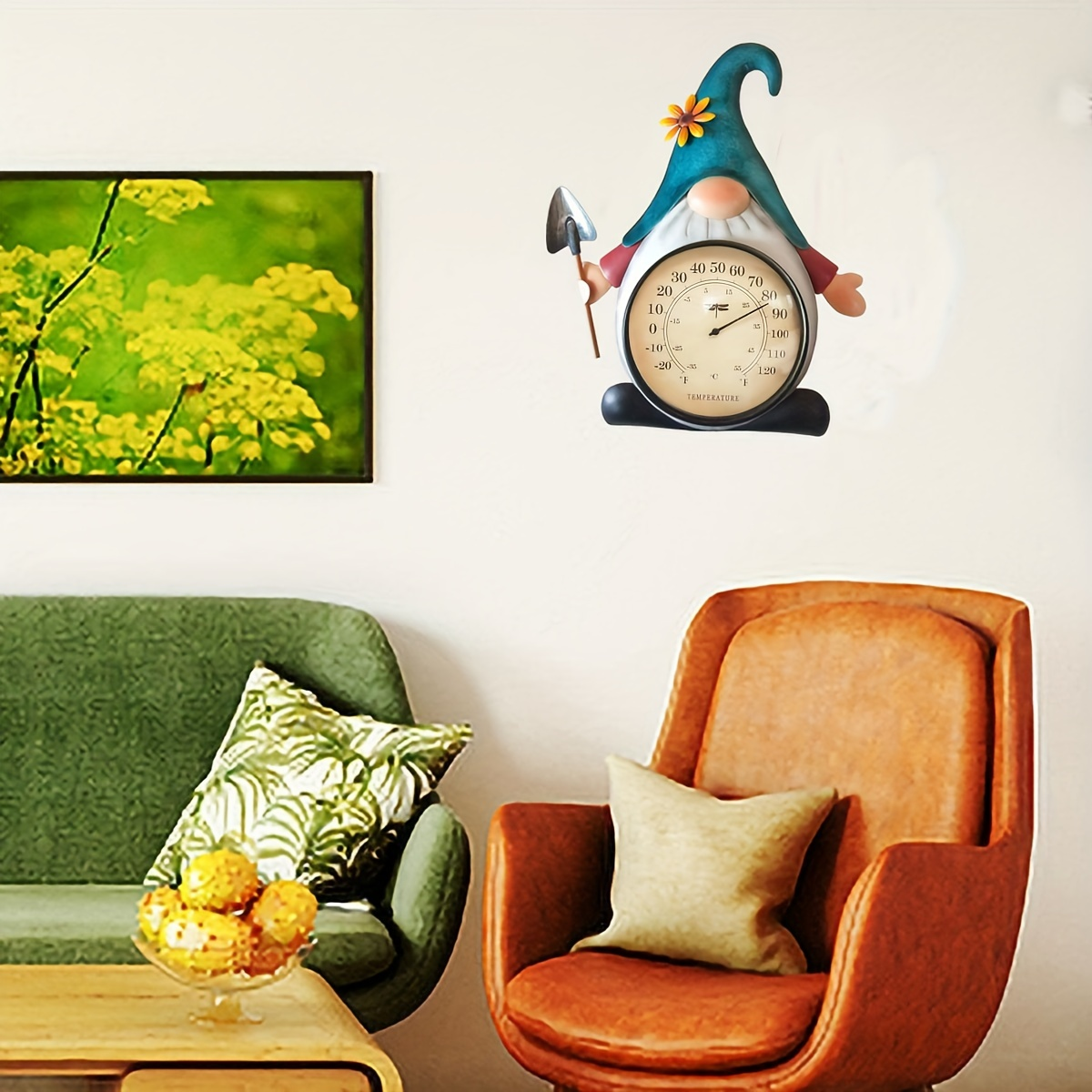 Metal Gnome Analog Thermometer Wall Decor with Teal Hat, Flower Accent and Round Temperature Dial