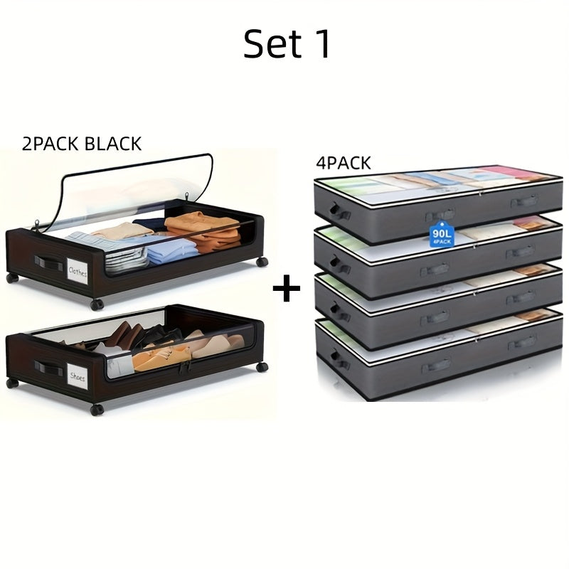 Rolling Fabric Under-Bed Storage Bins with Clear Zip Covers, Label Windows and Black or Gray Sets