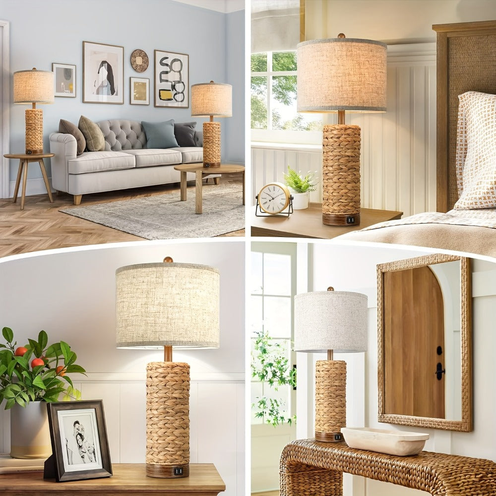 Table Lamp Set of Two with 27-Inch Woven Seagrass Bases, Linen Shades, Dual USB Ports and E26 Sockets