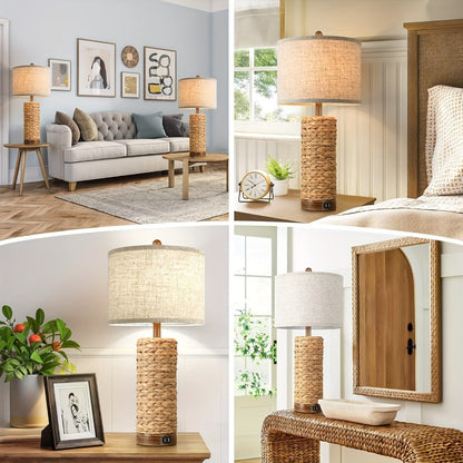 Table Lamp Set of Two with 27-Inch Woven Seagrass Bases, Linen Shades, Dual USB Ports and E26 Sockets