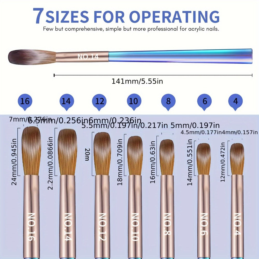 Seven-Piece Nail Art Brush Set with Aurora Blue Handles for Painting, Lining, Dotting and Sculpting