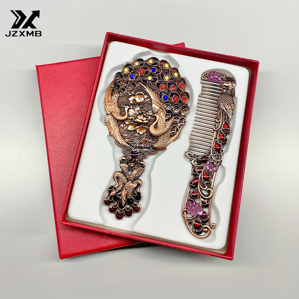 Decorative Peacock Comb and Handheld Mirror Two-Piece Set in Four Image-Bound Design Options