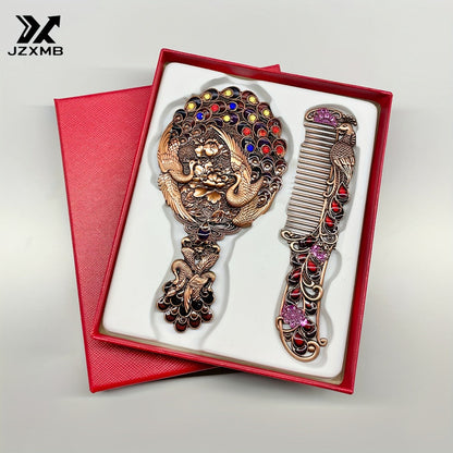 Decorative Peacock Comb and Handheld Mirror Two-Piece Set in Four Image-Bound Design Options