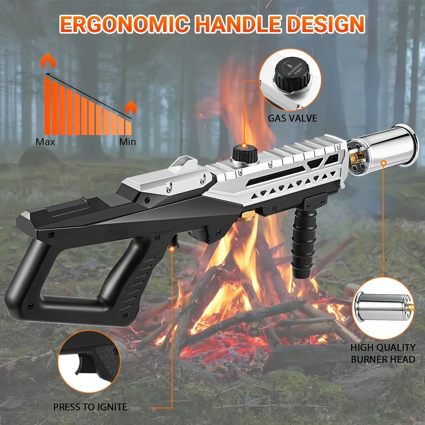 Long-Handle Propane Grill Torch with Adjustable Flame, Trigger Ignition and Silver-Black Finish