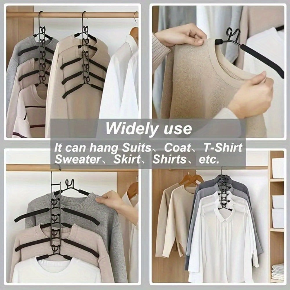 Five-Tier Cascading Clothes Hanger Organizers with Padded Arms in a Two-Piece Black Set for Closets