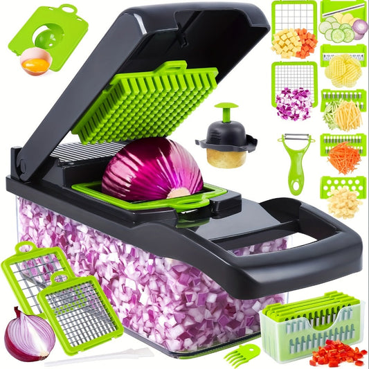 Vegetable Chopper 16-in-1 Multifunctional Food Chopper Slicer & Dicer – Manual Kitchen Chopper with 8 Interchangeable Blades & Container for Fruits, Vegetables & Onions – 1-10L Capacity