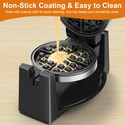 Belgian Waffle Maker 180° Rotating Flip Waffle Iron, Non-Stick Plates, Adjustable Browning Control, Removable Drip Tray, Cool Touch Handle, Stainless Steel, Space-Saving Foldable Design – Single & Double