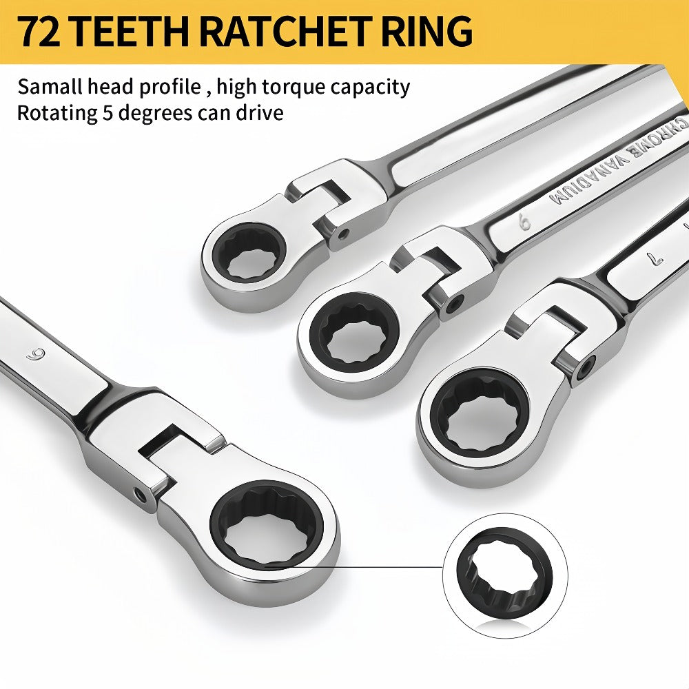 CR-V Flex Head Ratchet Wrench Set 5-Piece – 2-in-1 Reversible Open End & Hex Socket Dual-Purpose Kit | Automotive Engine Bay, Plumbing, DIY Workshop & Confined Space Repair