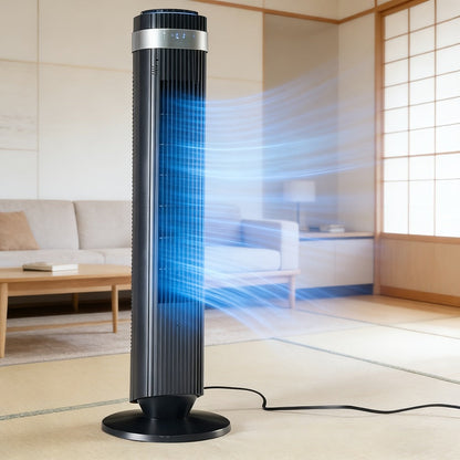 Floor-Standing Tower Fan with Circular LED Display, 7.68-Inch Base and Black, White or Gray Finish