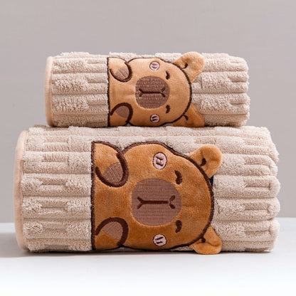 Bath Towel Set 2 Piece Cute Capybara Coral Fleece Super Soft Ultra Absorbent Quick Dry Face Towel and Bath Sheet for Spa Gym Hotel Guest Bathroom
