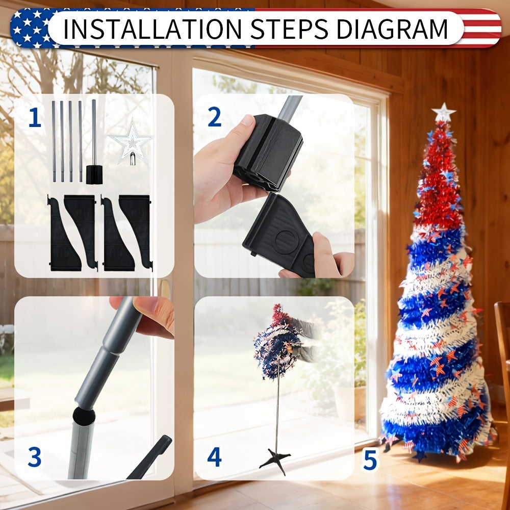 4th of July Patriotic Decoration Tree 5ft, Foldable LED Light String with Red White Blue Stars & Stripes