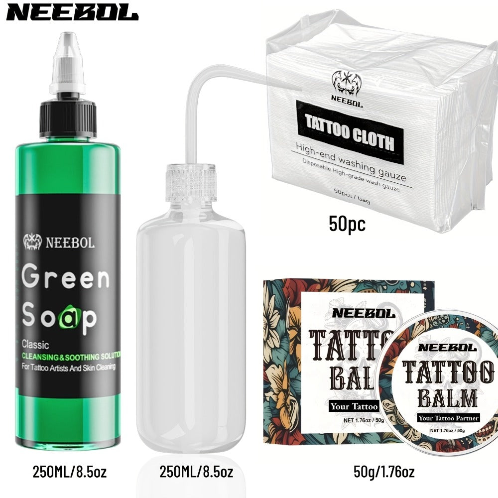 Tattoo Green Soap Cleaning Kit Neebol 8.5oz Concentrated Soap Squeeze Bottle Moisturizing Balm Cream Lint-Free Wipes Complete Skin Care Set Before After Tattooing Body Art