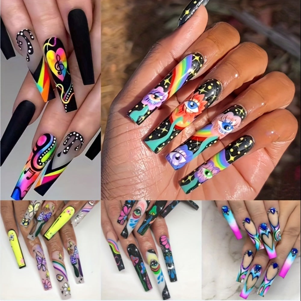 Press On Nails 120-Piece Extra-Long Set in Five Boxes with Cosmic, Crystal, Matte, Stripe and Floral Designs