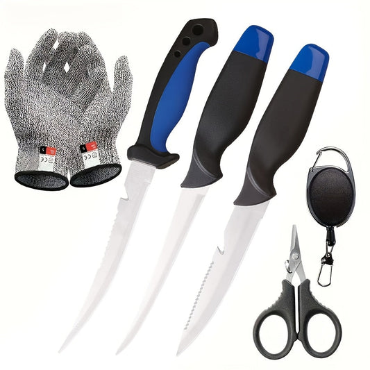 Fishing Knife Set 3-Piece Stainless Steel Fillet Boning Knife with Cut Resistant Gloves Fishing Line Cutter Stretch Rope for Fishing Camping Carving