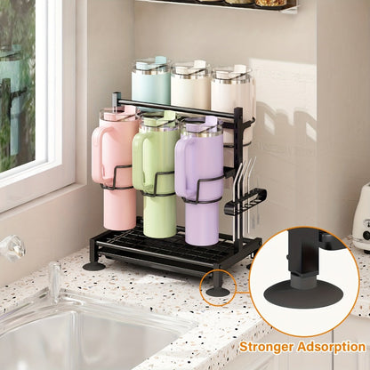Six-Grid Adjustable Cup and Tumbler Storage Rack with Vertical Dividers, Drip Tray and Countertop Feet