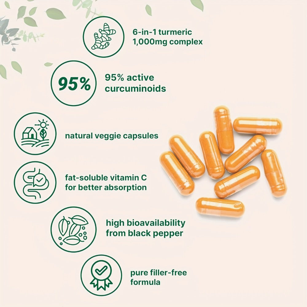 Herbal Supplement Turmeric Curcumin 1000mg per Serving with Ginger Black Pepper Bee Propolis, 120 Vegetarian Capsules