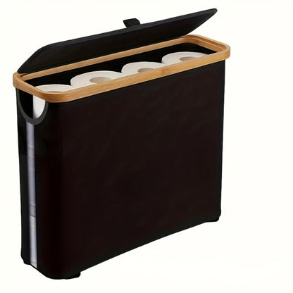 Enclosed Freestanding Toilet Paper Storage Bin with Fabric Sides, Bamboo-Look Rim and Fitted Lid in White