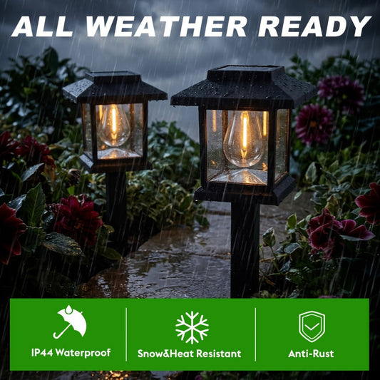 Solar Pathway Lights Outdoor Edison Style LED – Up to 12 Hours Auto On/Off IP44 Waterproof | Warm White Solar Garden Lights for Yard, Driveway & Walkway | Black & Brown Upgraded Stake Lights