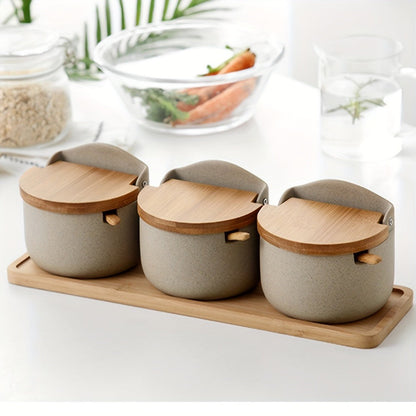 Ceramic-Style Seasoning Pot Set with Lids, Spoons and Tray in One-, Two- or Three-Piece Configurations