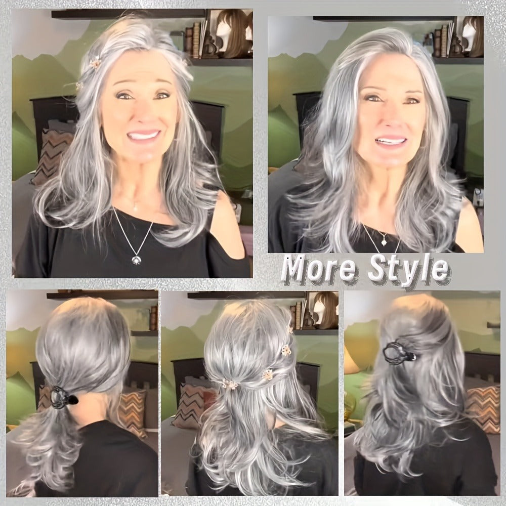 Synthetic Wig 18-Inch Layered Silvery Waves with Highlights in Two Colors and Rose Net Cap