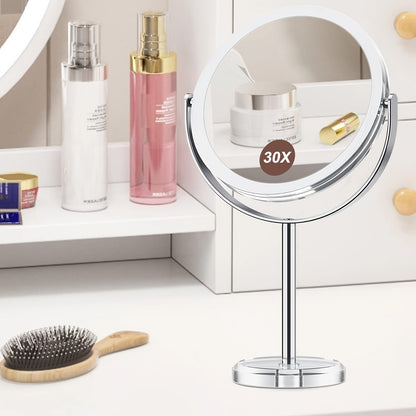 Makeup Mirror Dual-Sided 1X and 30X Round Chrome-Finish Stand with 360° Rotation and Detachable Frame