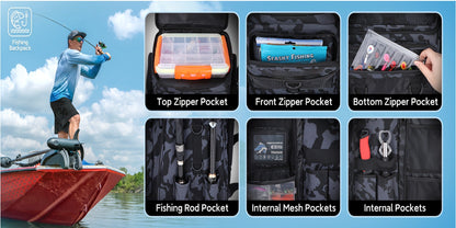 Waterproof Fishing Rod Backpack 42L – Built-In Rod Tube, 16 Pockets & Insulated Cooler Option | Black, Camo, Khaki, Gray