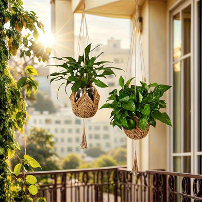 Macrame Plant Hanger with Tassels, Bohemian Cotton Rope Crochet Wall Basket, Indoor Outdoor Hanging Planter with Hooks, Boho Home Decor
