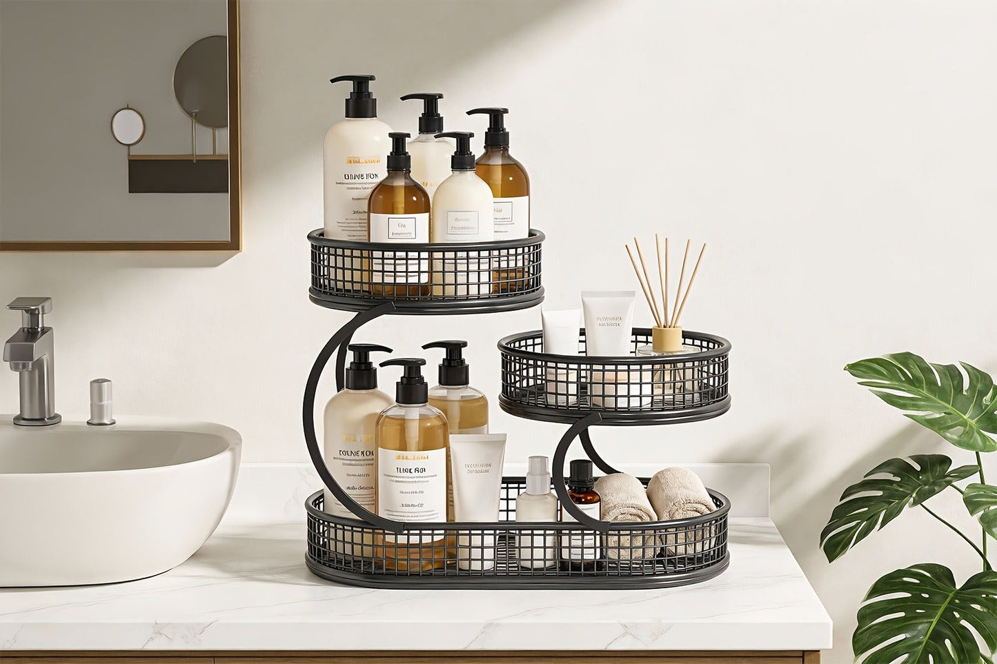 Countertop Fruit Bowl 3-Tier Round Metal Wire Stand | Kitchen Storage Organizer for Fruits Vegetables Bread Snacks | Space-Saving Produce Rack