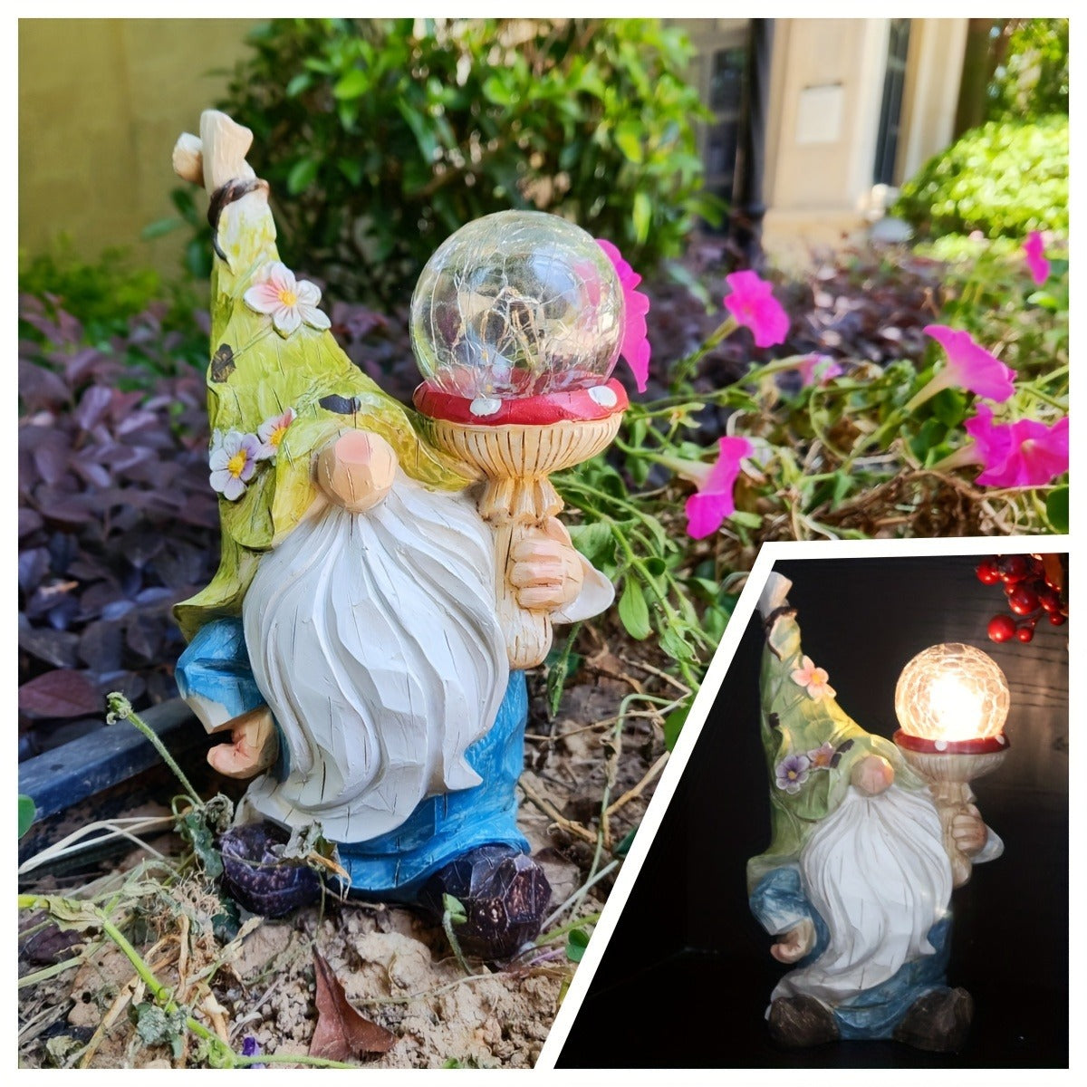 11-Inch Solar Garden Gnome Statue with Illuminated Globe, Blue Robe and Integrated Rear Panel
