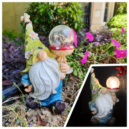 11-Inch Solar Garden Gnome Statue with Illuminated Globe, Blue Robe and Integrated Rear Panel
