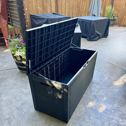 100-Gallon Rattan-Style Outdoor Deck Box with Lockable Lid, Lift Supports and Black Finish