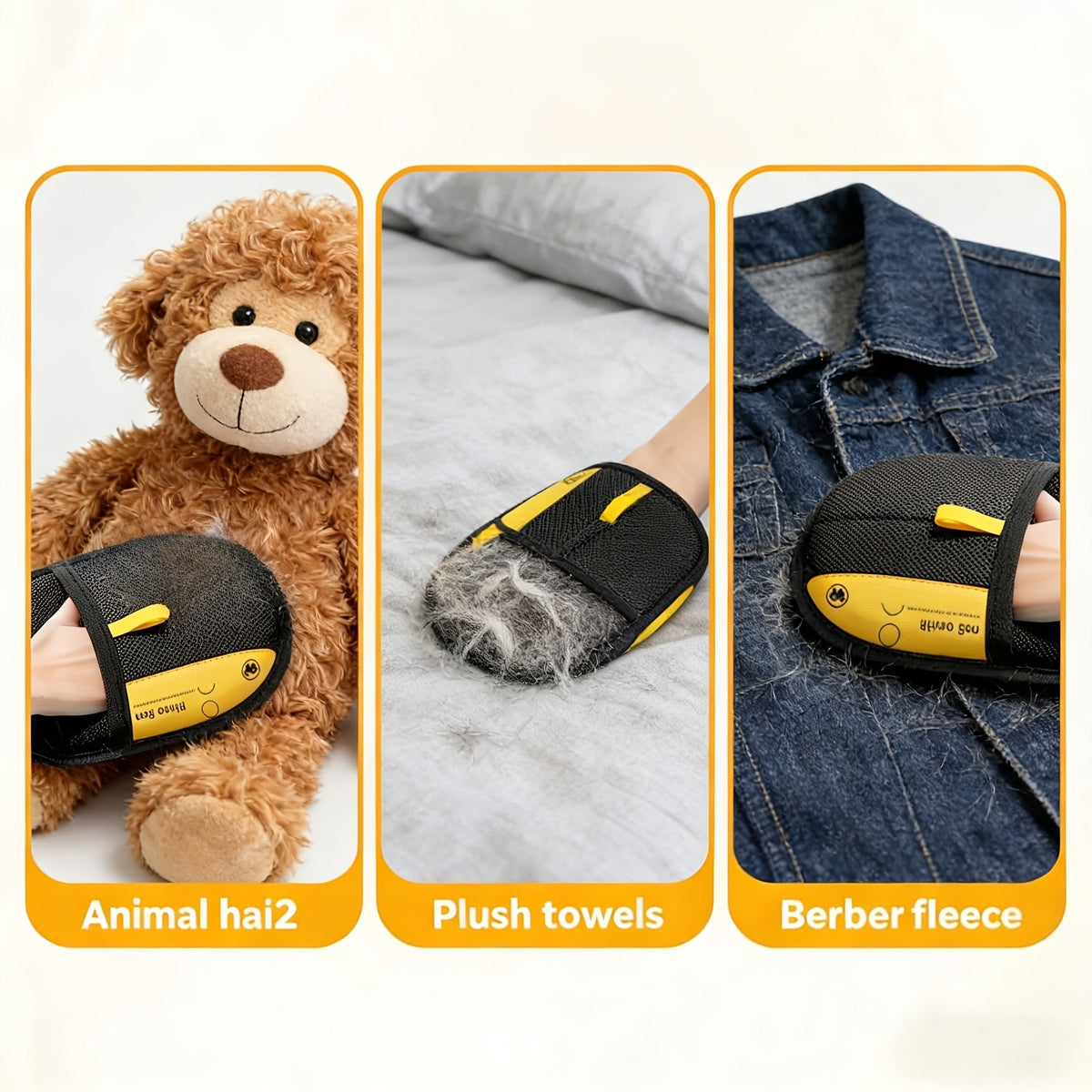 Reusable Fabric Pet Hair Removal Mitt Set with Four Black Mitts and Yellow Hand Straps for Upholstery